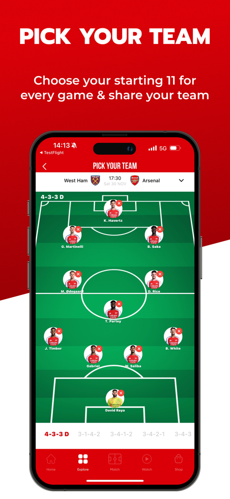 Gunners - Live Scores & News - Arsenal fan app interface showing a custom starting 11 lineup builder for a football match