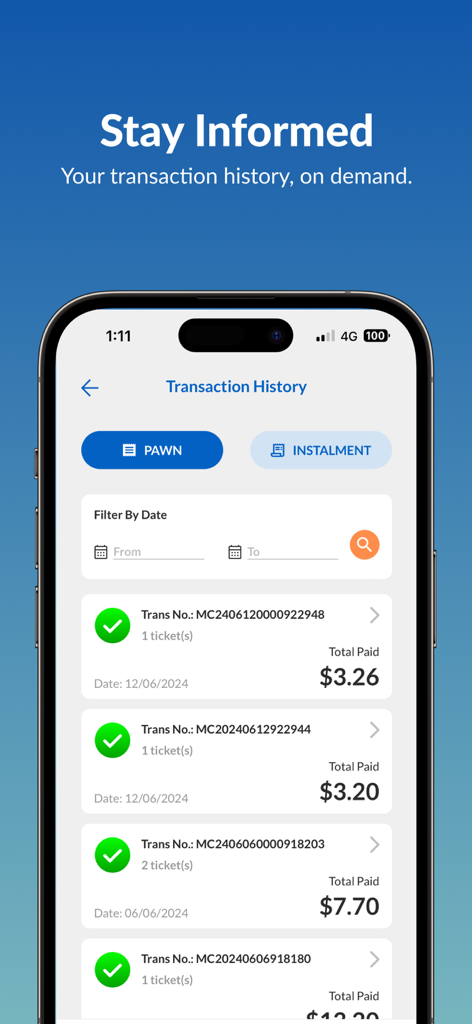 Maxi-Cash - Maxi-Cash app screen showing transaction history for pawn and instalment payments with filters and total amounts.