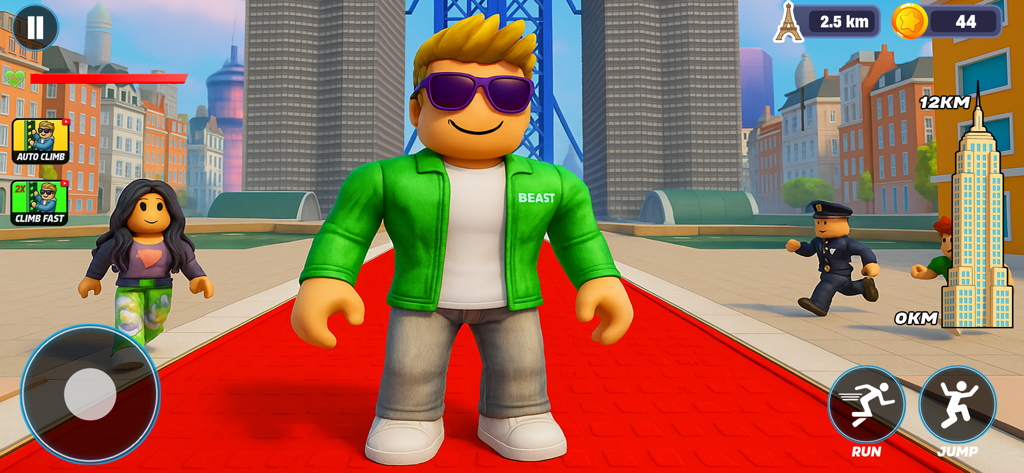 Gameplay screenshot of Crazy Jump Tower Obby featuring characters in a city setting