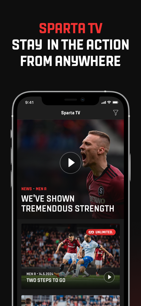 Sparta. - Sparta TV mobile app screen showing football news videos and highlights