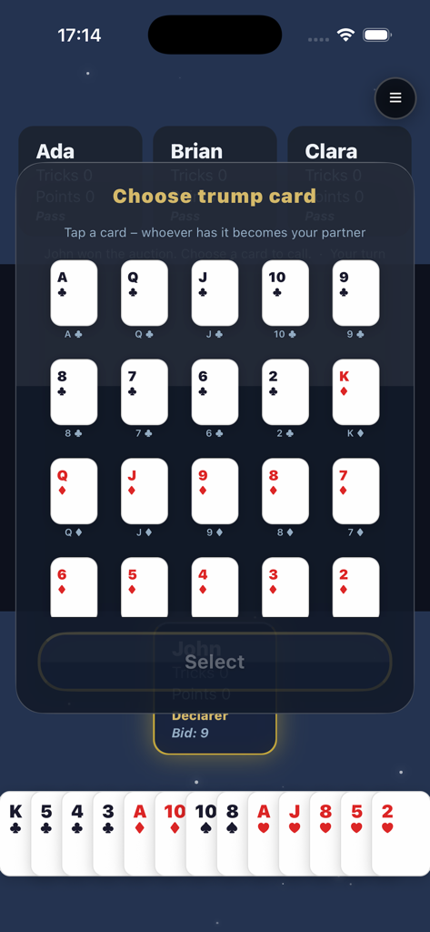 Amerikaner! - Choosing a trump card and secret partner in the Amerikaner mobile app