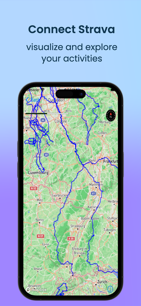 Strava Heatmap 3D workout map - Stravaアカウント接続ヘッダー付きのマップ上にフィットネスアクティビティパスを示すiPhone画面。