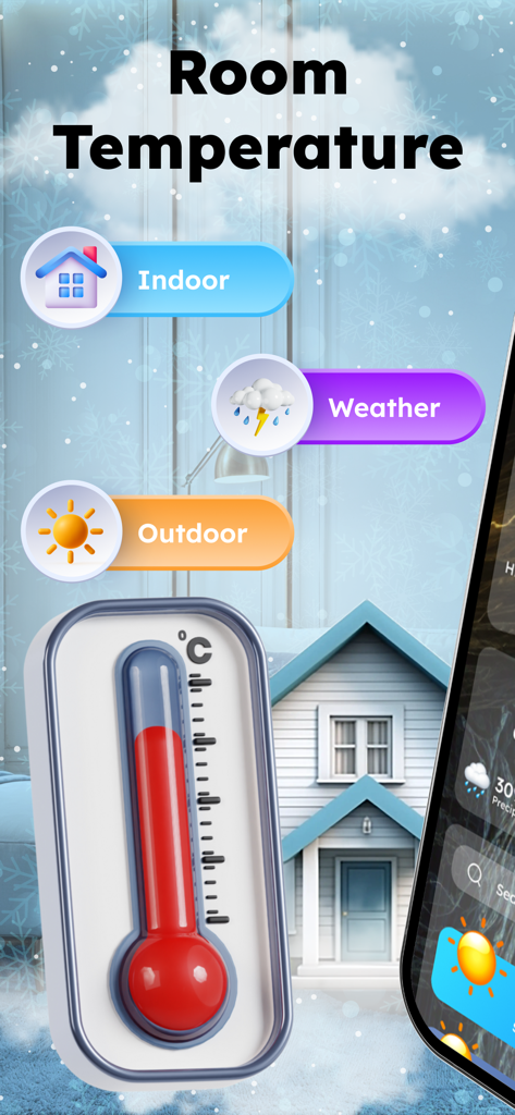 Main interface of the Room Temperature app featuring options for indoor outdoor and local weather monitoring with a large digital thermometer icon