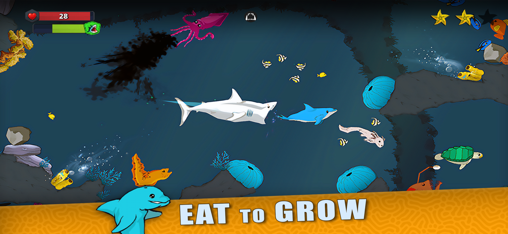 Underwater gameplay of Fish Royale showing a shark chasing a dolphin and other sea creatures in a coral reef