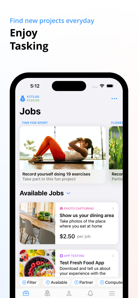 Clickworker mobile app showing a list of available micro jobs and earnings
