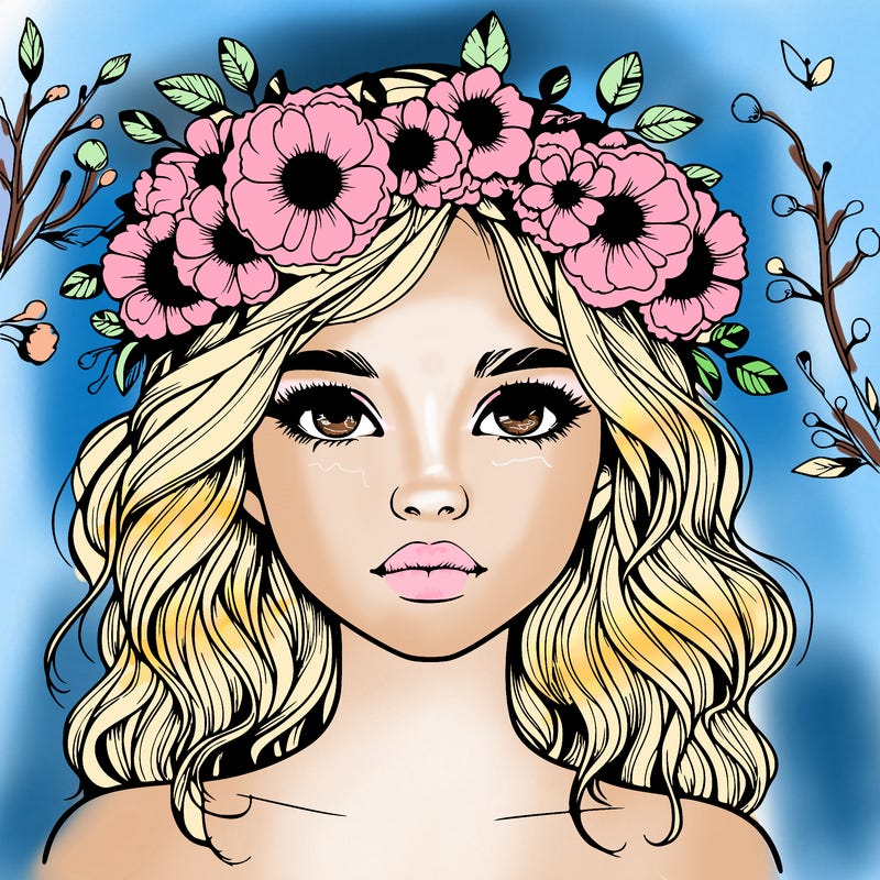 beautiful realistic girl with freckles and a flower crown