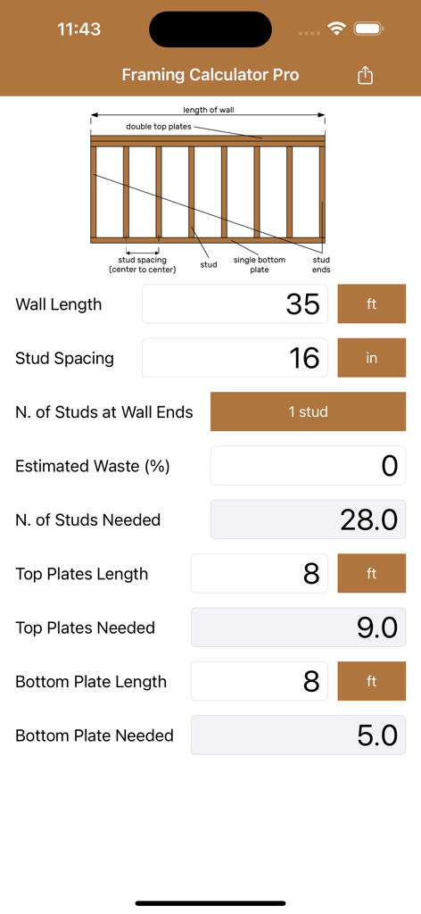 Interface of Framing Calculator Pro showing wall framing material calculations