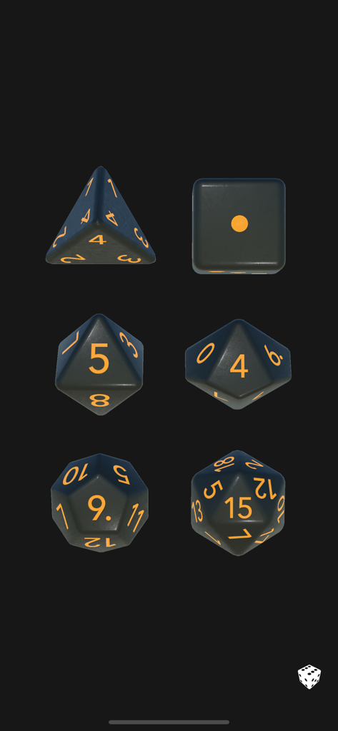 Uma seleção de dados poliédricos personalizados em preto e laranja, incluindo D4, D6, D8, D10, D12 e D20.