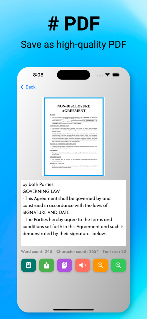 AI Image to Text OCR Scanner - Interfaz de la aplicación escáner OCR con IA mostrando el escaneo de documentos y la exportación a PDF de alta calidad
