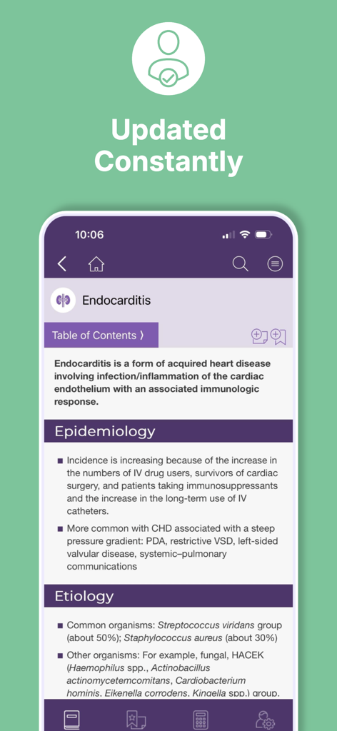 Tela do aplicativo Sanford Guide Pediátrico exibindo diretrizes clínicas atualizadas para endocardite