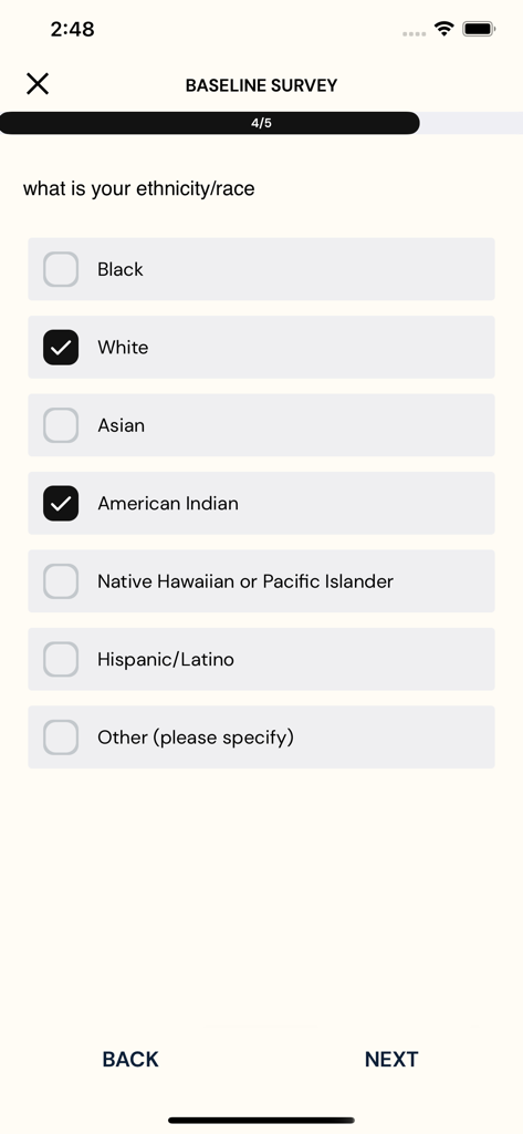 ExpiWell - A baseline survey screen in the ExpiWell app asking for ethnicity and race information.