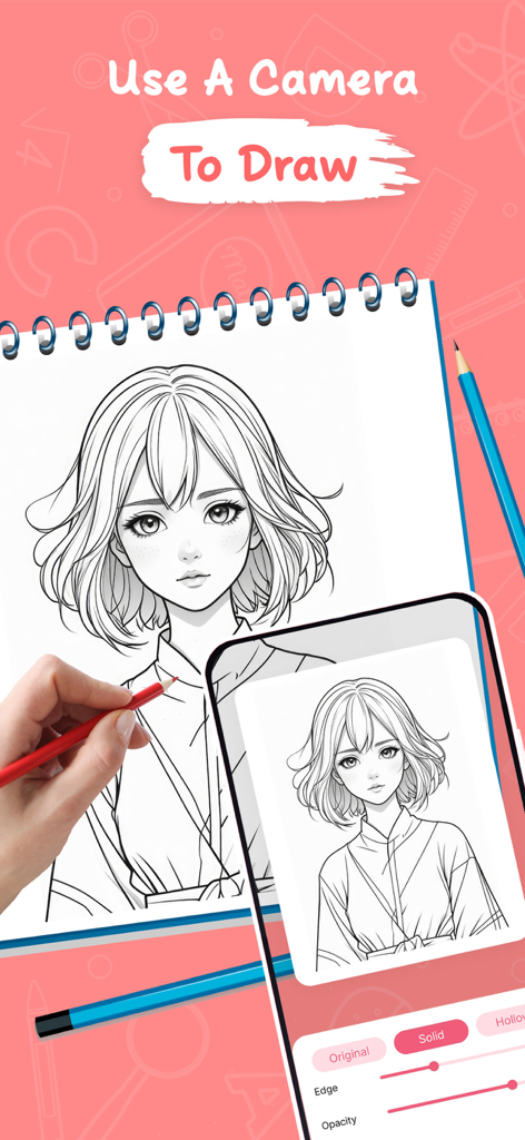 AR Draw Sketch & Trace © - Tracing an anime girl illustration from a phone screen onto paper using AR technology