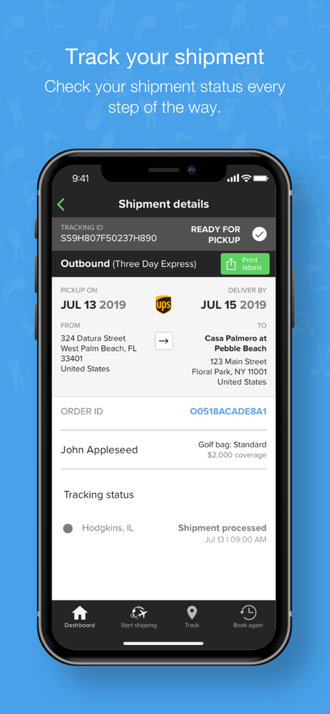 Ship Sticks - A mobile screen from the Ship Sticks app showing shipment details for a golf bag including tracking ID and delivery dates