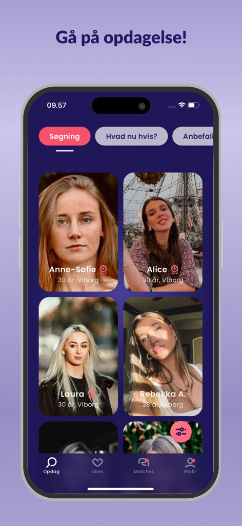 Dating.dk - Dating.dk mobile app interface showing a discovery grid of profile pictures for Danish singles