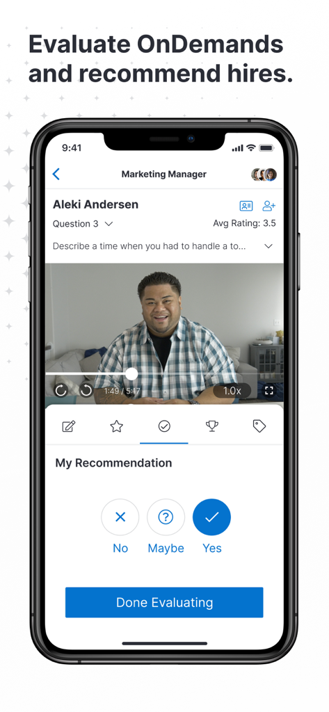 HireVue for Recruiting - HireVue for Recruiting app interface showing a recruiter evaluating a candidate video interview with rating options
