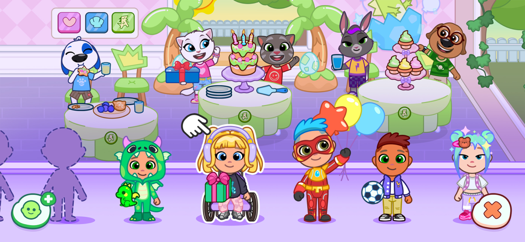 Inclusive characters and Talking Tom friends celebrating at a birthday party with cake and gifts.
