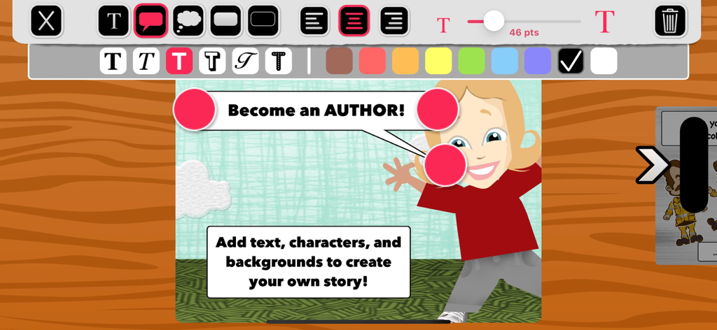 Book Builder: School Edition - Interfaz de la aplicación Book Builder que muestra un personaje infantil con bocadillos de diálogo personalizables y herramientas de texto.