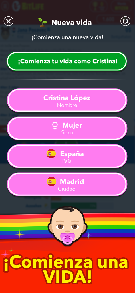 Tela de criação de personagem em BitLife Português para começar uma nova vida