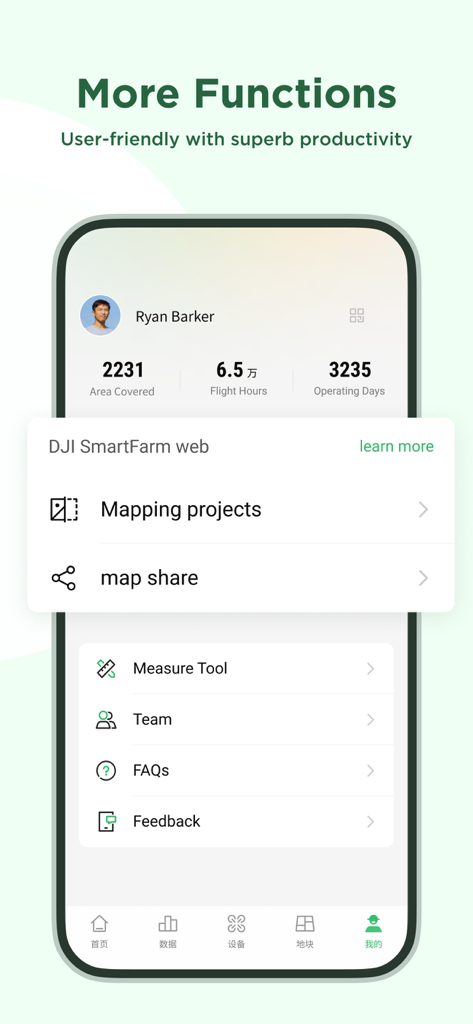 Tela de perfil do usuário do aplicativo DJI SmartFarm mostrando estatísticas de voo e opções de menu para projetos de mapeamento e ferramentas de medição.