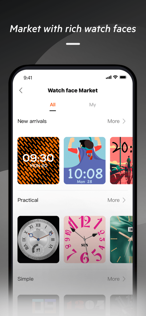 TOZO FIT - A screenshot of the TOZO FIT app's Watch face Market showcasing a variety of digital and analog clock designs for customization.