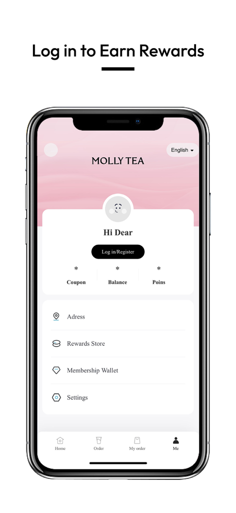 Molly Tea - La pantalla de perfil de usuario de la app Molly Tea que muestra opciones para iniciar sesión o registrarse para ganar recompensas de lealtad y ver el saldo de puntos.