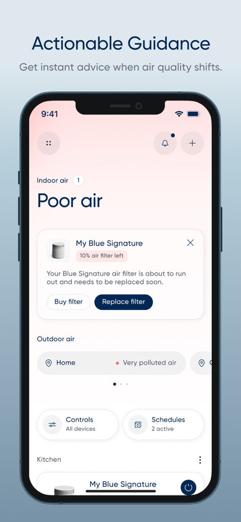 Blueair app interface displaying poor indoor air quality alert and a notification to replace the air filter.
