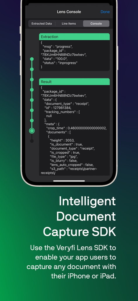 Veryfi Lens app screenshot displaying JSON extraction data results in the developer console.