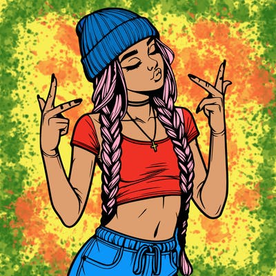 realistic teenage girl with braids and a beanie and crop top doing 🫶🏼