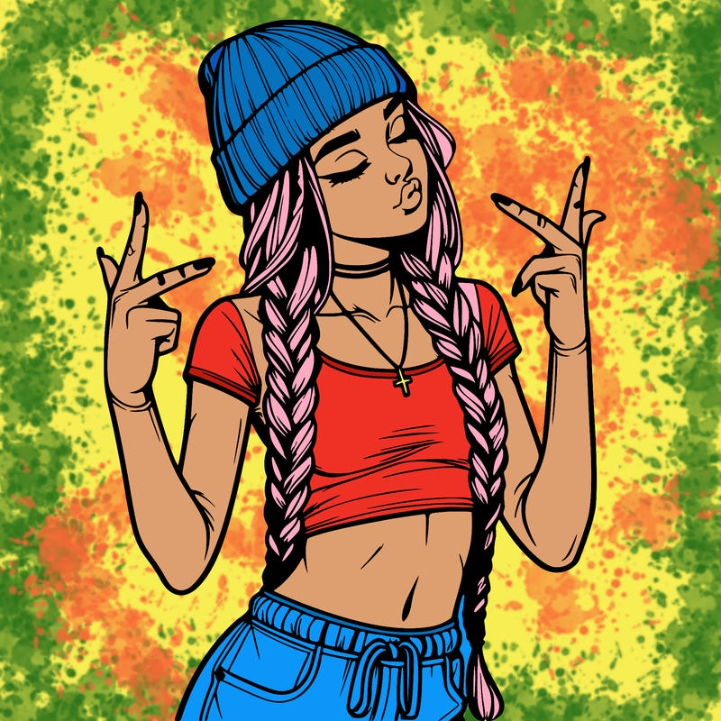 realistic teenage girl with braids and a beanie and crop top doing 🫶🏼
