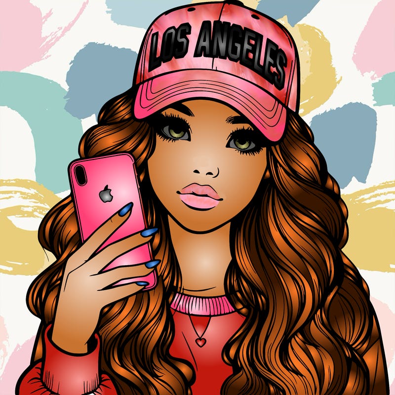 realistic beautiful girl wearing los ángeles cap holding an iphone