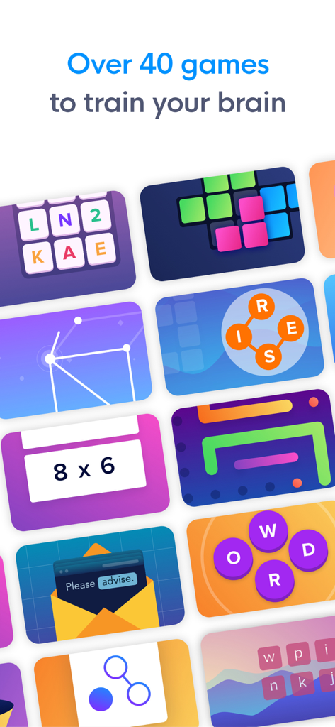 A collection of colorful brain training games from the MindPal app including word and math puzzles