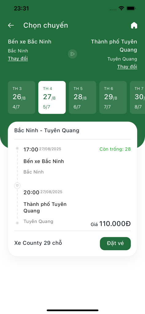 Ecrã de seleção de viagem da aplicação de reservas de autocarros Bao Yen para a rota Bac Ninh para Tuyên Quang