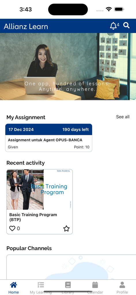 Allianz Learn - Home screen of the Allianz Learn corporate training app displaying current assignments and training programs.