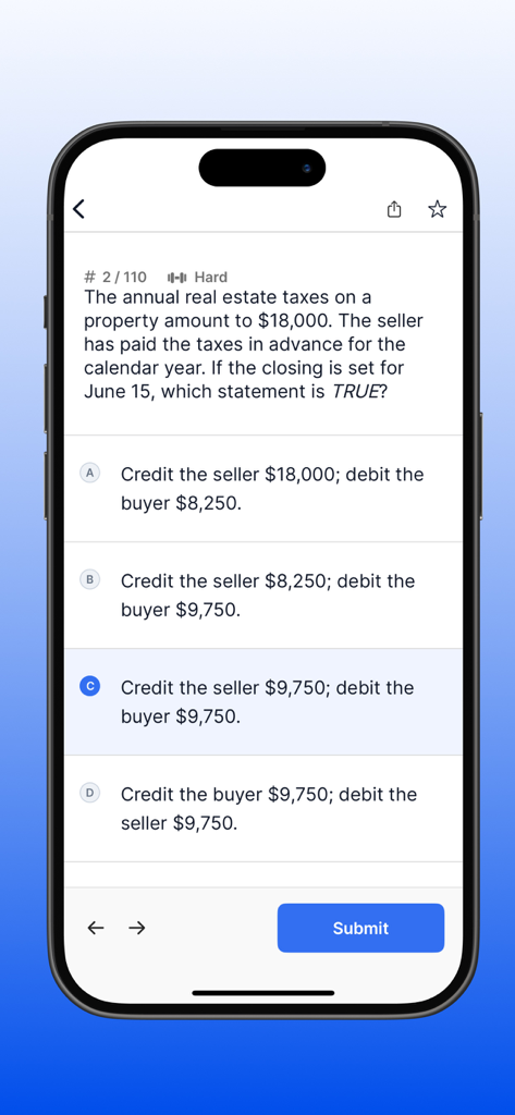 Una pantalla de teléfono móvil que muestra una pregunta de práctica del examen inmobiliario sobre impuestos a la propiedad con opciones de respuesta múltiple.