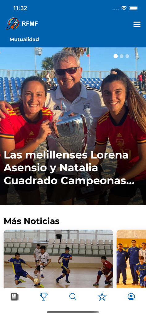 Pantalla de inicio de la aplicación RFMF mostrando actualizaciones de fútbol de Melilla y jugadores campeones