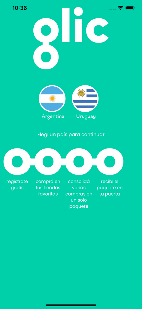Glic - Welcome screen of Glic app for Argentina and Uruguay showing the four-step international shopping and delivery process