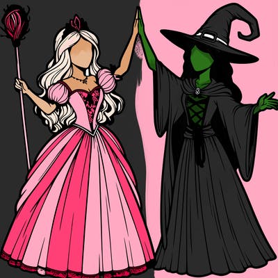 detailed realistic split of a princess and a witch