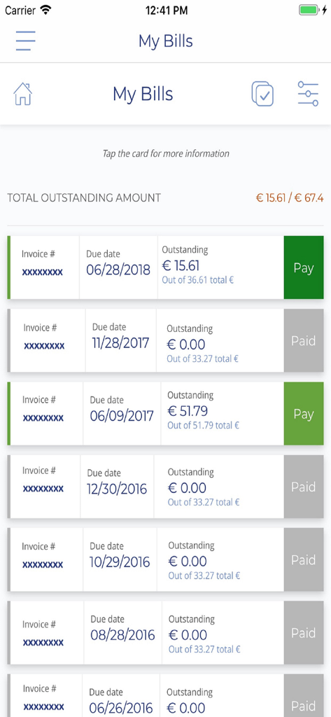 Arms Malta app screen showing a list of utility invoices with due dates and payment status