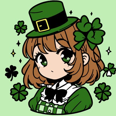 a manga-style girl with clovers around her, a little hat in her hair, like it's saint patrick's day