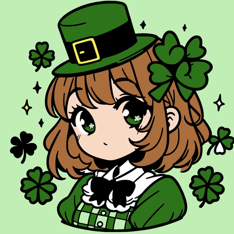 a manga-style girl with clovers around her, a little hat in her hair, like it's saint patrick's day