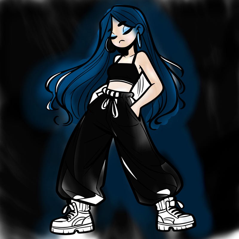 girl in baggy pants crop top and long hair