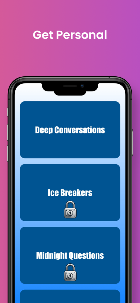 Couple Cards Deep Questions - Interfaz de la aplicación móvil mostrando categorías de conversación, incluyendo Conversaciones Profundas, Rompehielos y Preguntas de Medianoche
