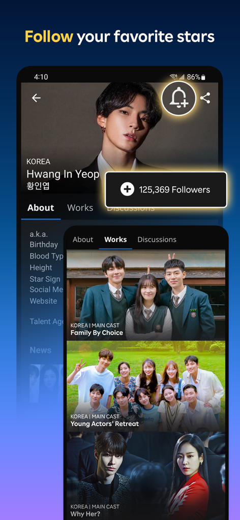 A screenshot of the Viki app featuring a Korean actor profile with a follow button and a list of his drama works
