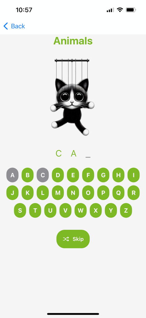 Gameplay screen of Hanging Cat word game showing a cute cat hanging from strings and a letter puzzle in the animals category.
