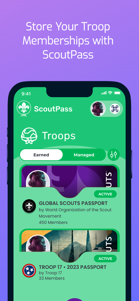 ScoutPass - ScoutPass app displaying digital scout troop membership cards and active passports