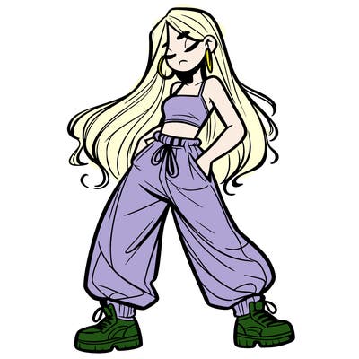 girl in baggy pants crop top and long hair