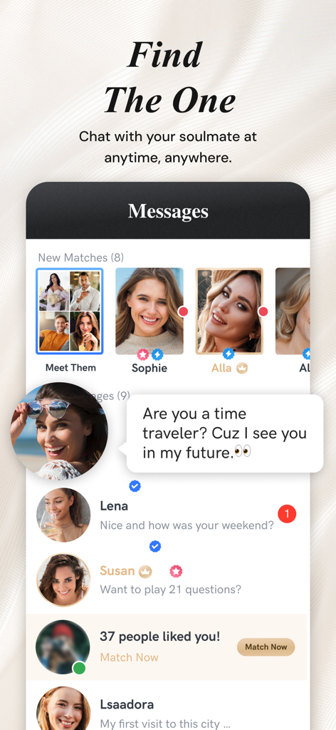 Luxy selective dating app message interface showing new matches and chat bubbles.