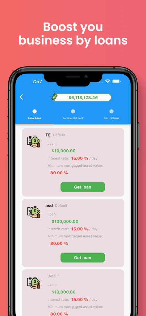 Sim Life - Business Simulator - Mobile screen showing loan options from local and commercial banks in the Sim Life business simulator game.