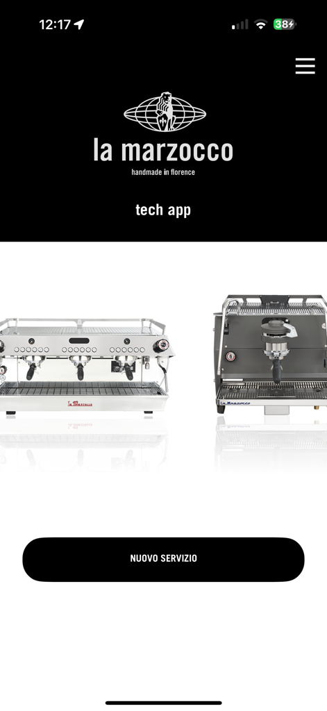 Pantalla principal de La Marzocco Tech App con máquinas de espresso profesionales y un nuevo botón de servicio