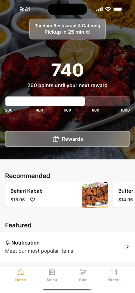 Tandoor Restaurant To Go - The home screen of the Tandoor Restaurant To Go mobile app showing loyalty reward points progress and recommended food items